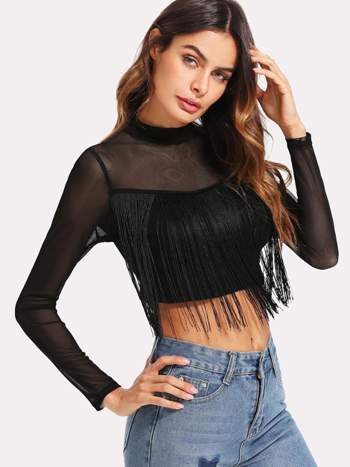 Romwe Fringe Detail Mesh Crop Top