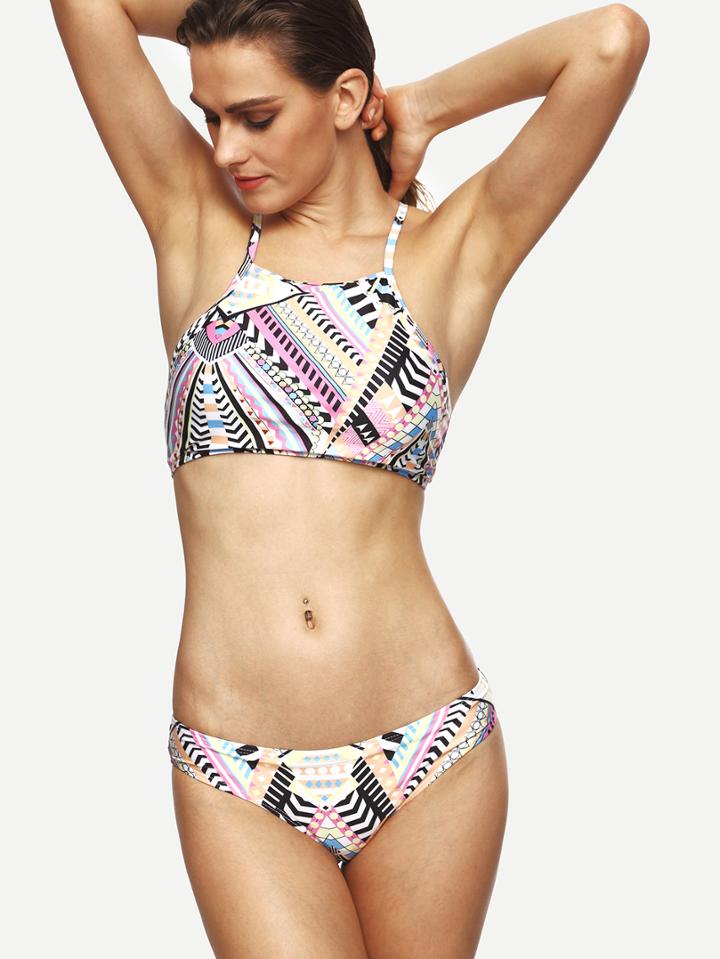 Romwe Multicolor Tribal Print Crisscross Bikini Set