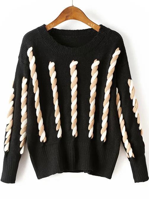 Romwe Black Round Neck Drop Shoulder Sweater