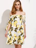 Romwe White Lemon Print Tie Sleeve Off The Shoulder Dress