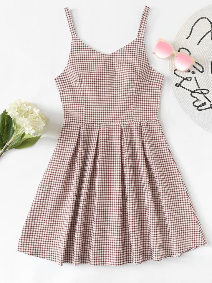 Romwe V Neckline Zip Up Back Checked Cami Dress