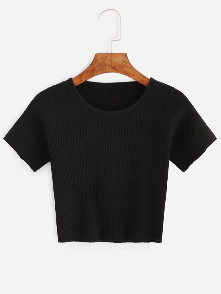 Romwe Black Short Sleeve Crop Ribbed T-shirt