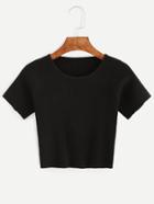 Romwe Black Short Sleeve Crop Ribbed T-shirt