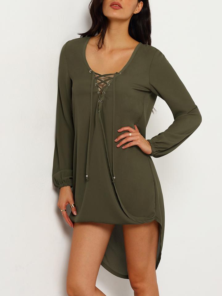 Romwe Army Green Long Sleeve Lace Up Asymmetric Dress