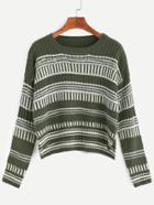 Romwe Army Green Striped Dip Hem Slit Ribbed Knit Sweater