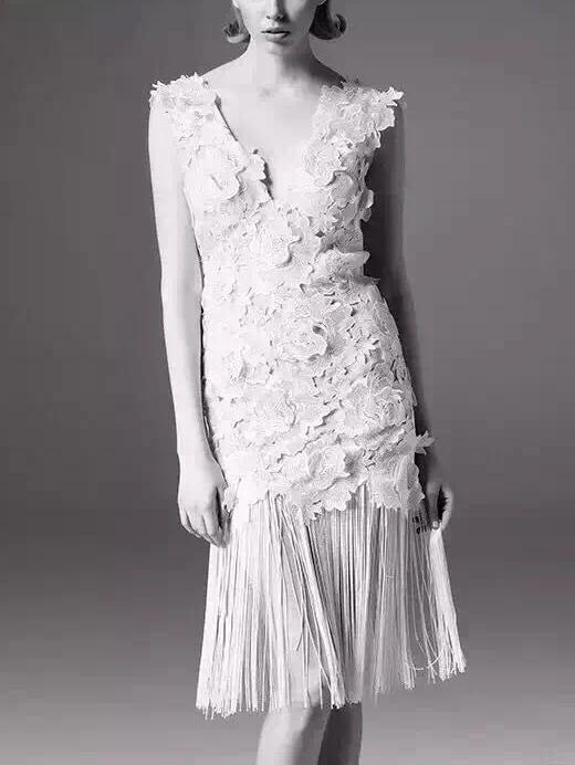 Romwe White V Neck Appliques Fringe Dress