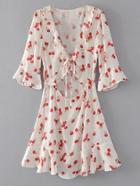 Romwe Cherry Print Tie Front Fluted Sleeve Frilled Dress