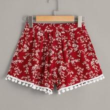 Romwe Ditsy Floral Pom Pom Hem Shorts