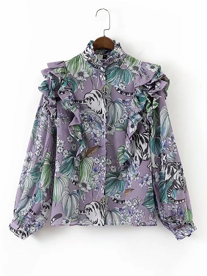 Romwe Tiger Print Frill Trim Tiered Blouse