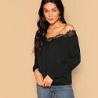 Romwe Lace Trim V Neck Solid Pullover