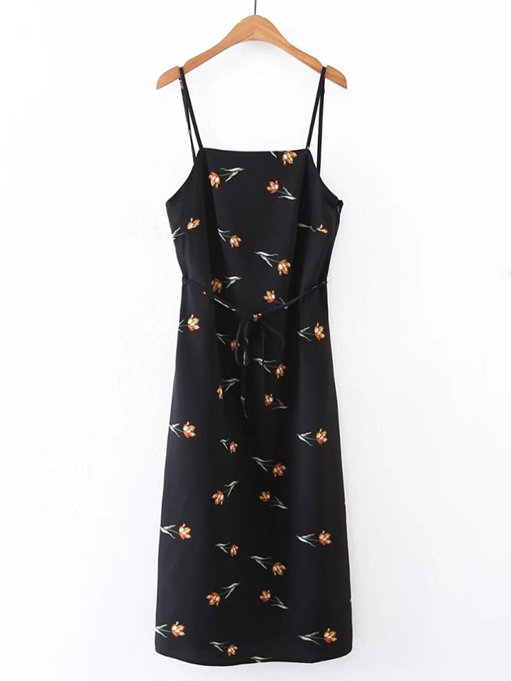 Romwe Floral Open Back Cami Dress With Self Tie