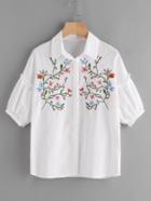 Romwe Floral Embroidered Frill Trim Blouse