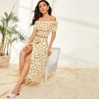 Romwe Daisy Ruffle Trim Bardot Top & Wrap Split Skirt Set