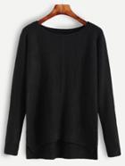 Romwe Black Raglan Sleeve Dip Hem Sweater
