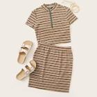 Romwe Half Zip Placket Rib-knit Striped Crop Top & Skirt Set