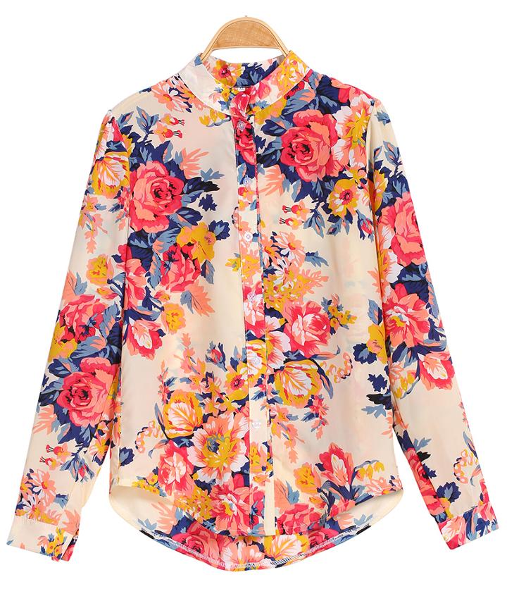 Romwe Floral Print Chiffon Red Blouse