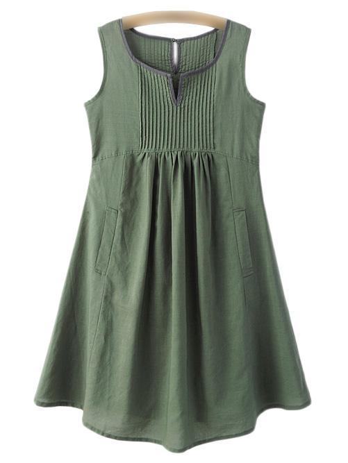 Romwe Green High Waist Pockets Cotton Hemp Pleated Dress
