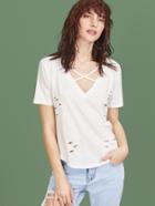 Romwe White Crisscross V Neck Distressed Slub T-shirt