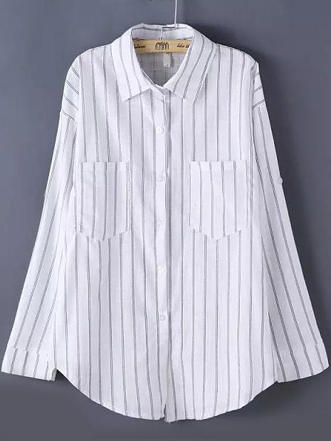 Romwe Lapel Vertical Striped Pockets Blouse