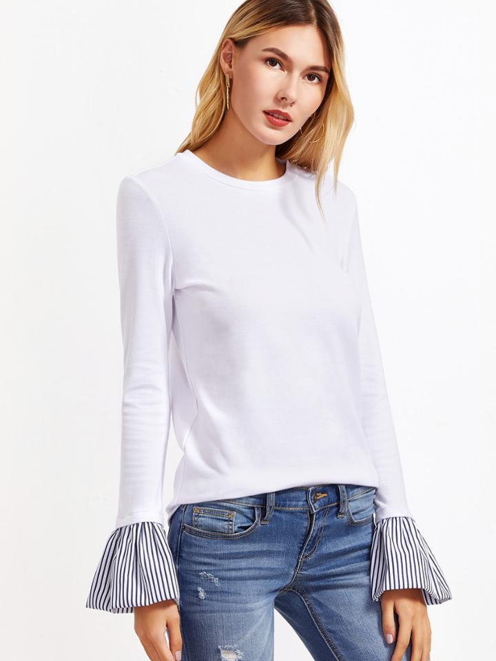 Romwe Striped Bell Cuff Tee