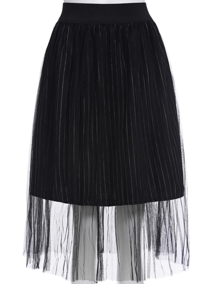 Romwe Vertical Striped Mesh Flare Skirt