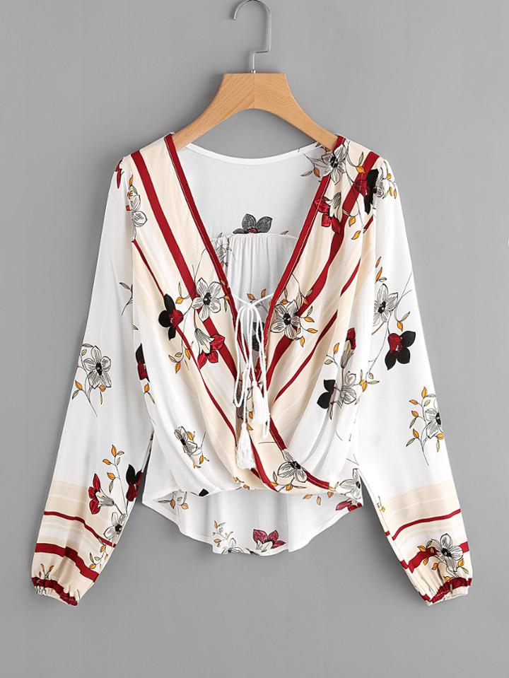 Romwe Surplice Neckline Tassel Tie Botanical Print Blouse