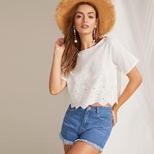 Romwe Scallop Hem Embroidery Eyelet Top