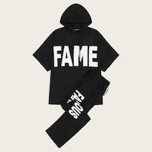 Romwe Guys Letter Print Hooded Tee & Sweatpants Set