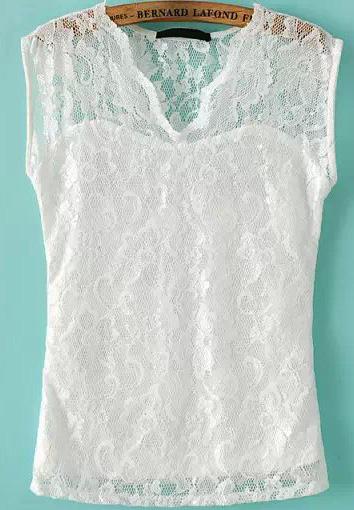 Romwe V Neck Sheer Lace White Blouse