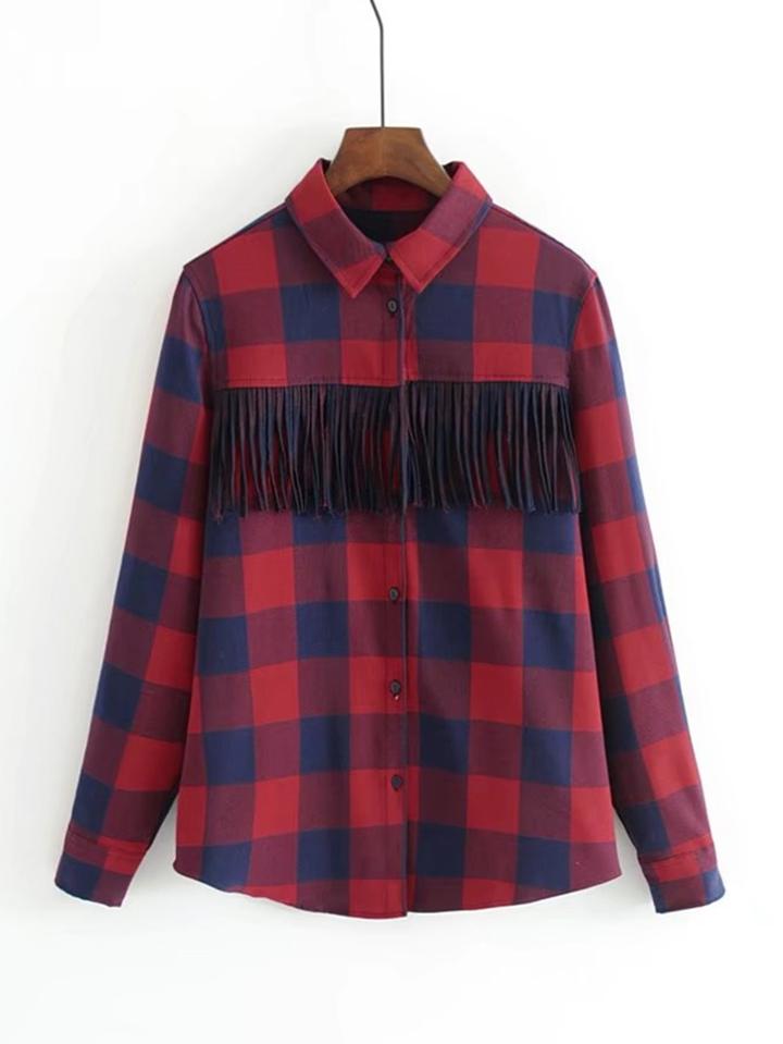 Romwe Fringe Detail Plaid Blouse