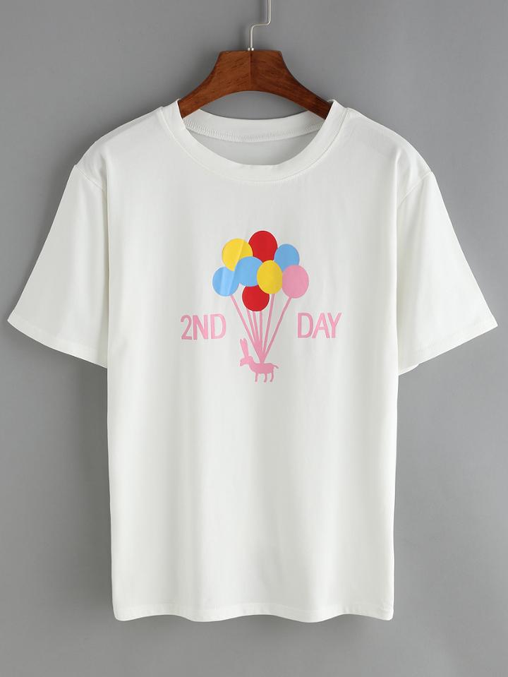 Romwe Balloon Print White T-shirt