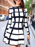 Romwe Black White Checkered Skater Dress