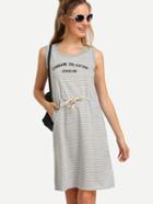 Romwe Grey Letters Print Striped Dress With Drawstring