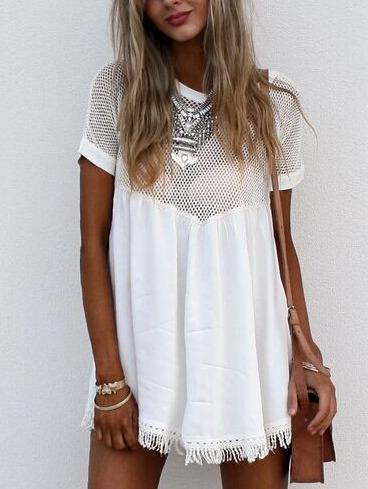 Romwe Sports Mesh Insert Fringe Dress