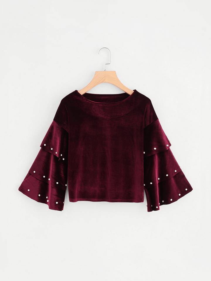 Romwe Velvet Tiered Sleeve Pearl Beaded Top
