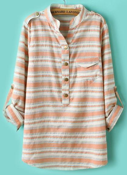 Romwe Epaulet Striped Pocket Orange Blouse