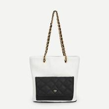 Romwe Color-block Faux Fur Chain Tote Bag