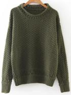 Romwe Army Green Hollow Out Crew Neck Sweater