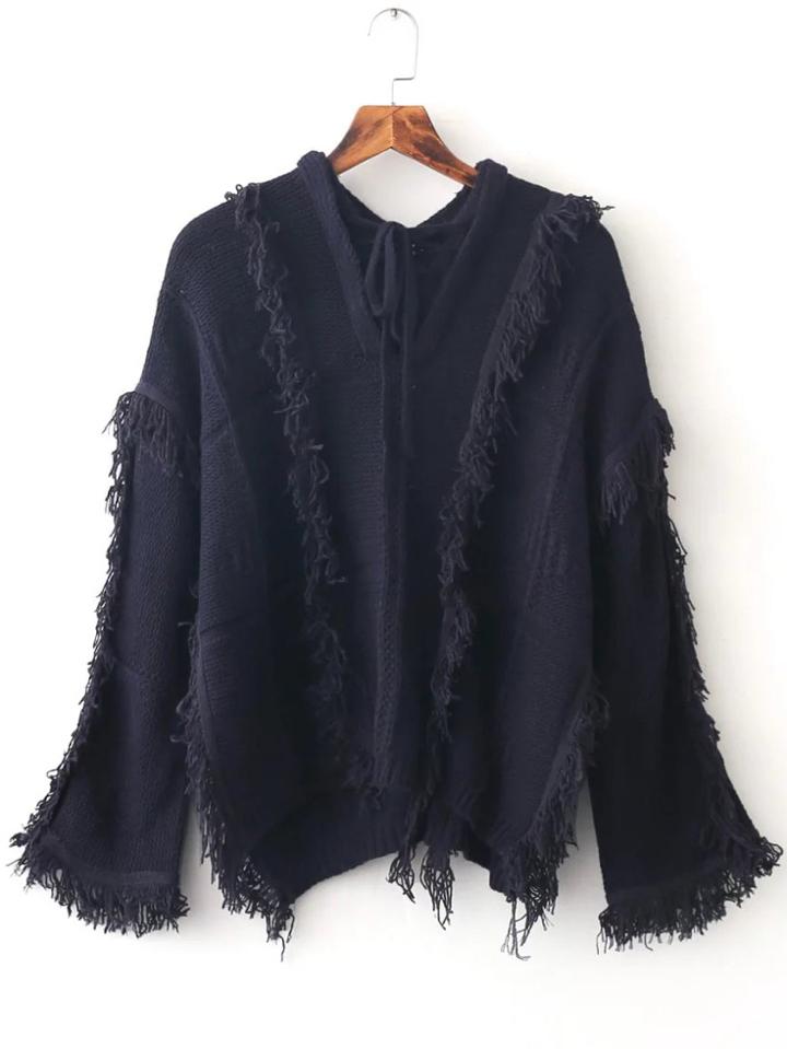 Romwe Navy Tie V Neck Fringe Trim Dip Hem Sweater