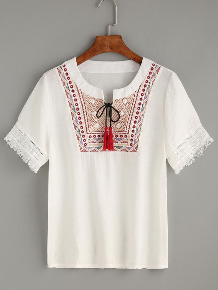 Romwe Embroidery Lace Up Tassel Trimmed Blouse
