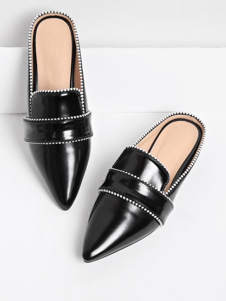 Romwe Beads Decorated Pointed Toe Pu Flats