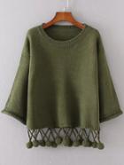 Romwe Army Green Drop Shoulder Pom Pom Hem Sweater