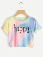 Romwe Water Color Letter Print Cuffed Tee