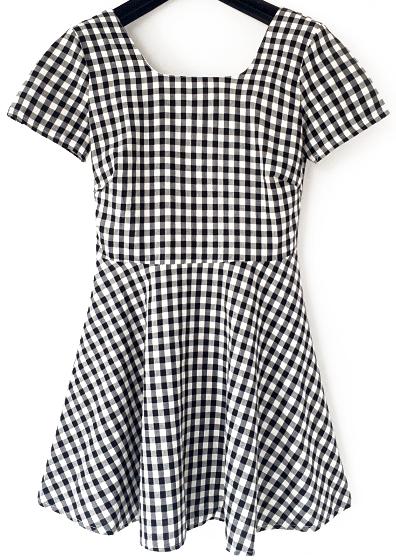 Romwe Square Neck Open Back Bow Plaid Black Dress