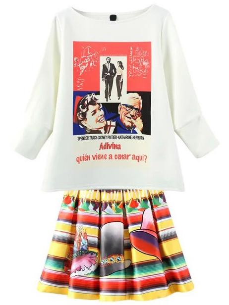 Romwe Round Neck Print Top With Striped Flare Skirt