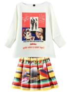 Romwe Round Neck Print Top With Striped Flare Skirt