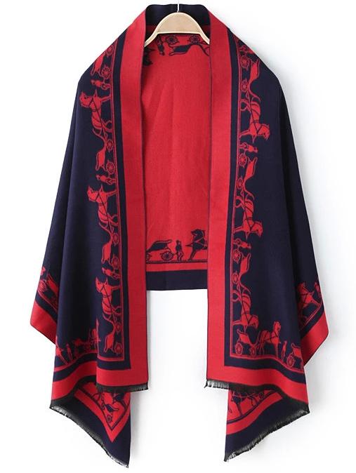 Romwe Carriage Print Fringe Navy Scarf