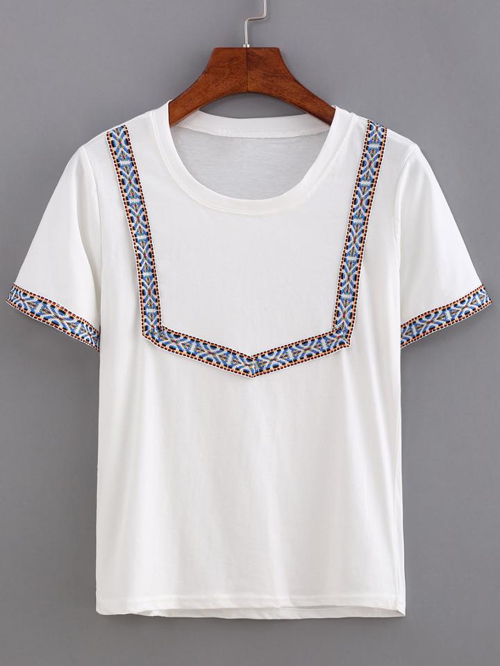 Romwe Embroidery Short Sleeve T-shirt - Blue