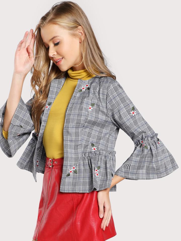 Romwe Frill Sleeve And Hem Embroidered Plaid Blazer
