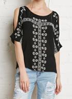 Romwe Open Shoulder Tribal Embroidered Top